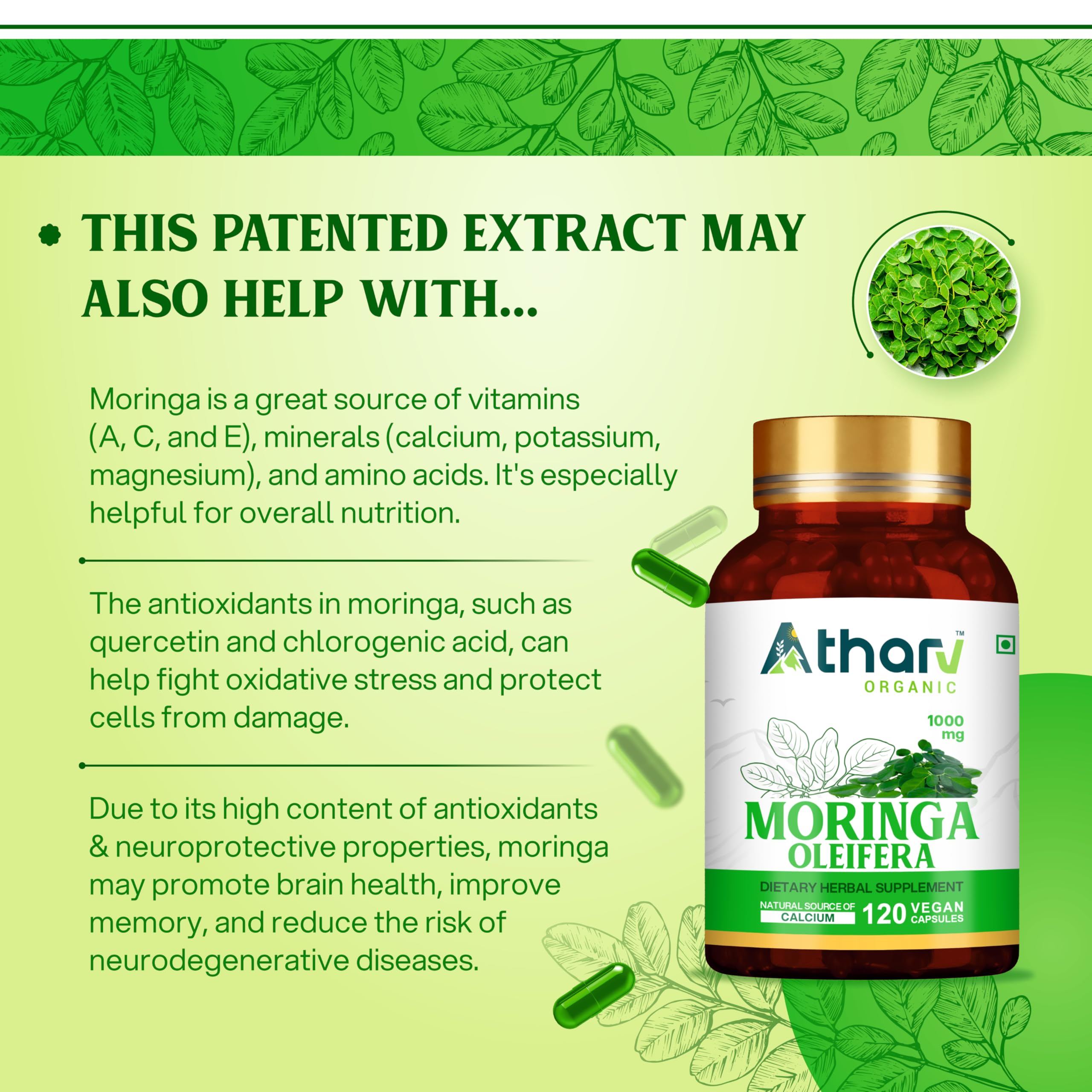 Atharv Organic Moringa Capsules pouring shot suggests easy daily dosage.
