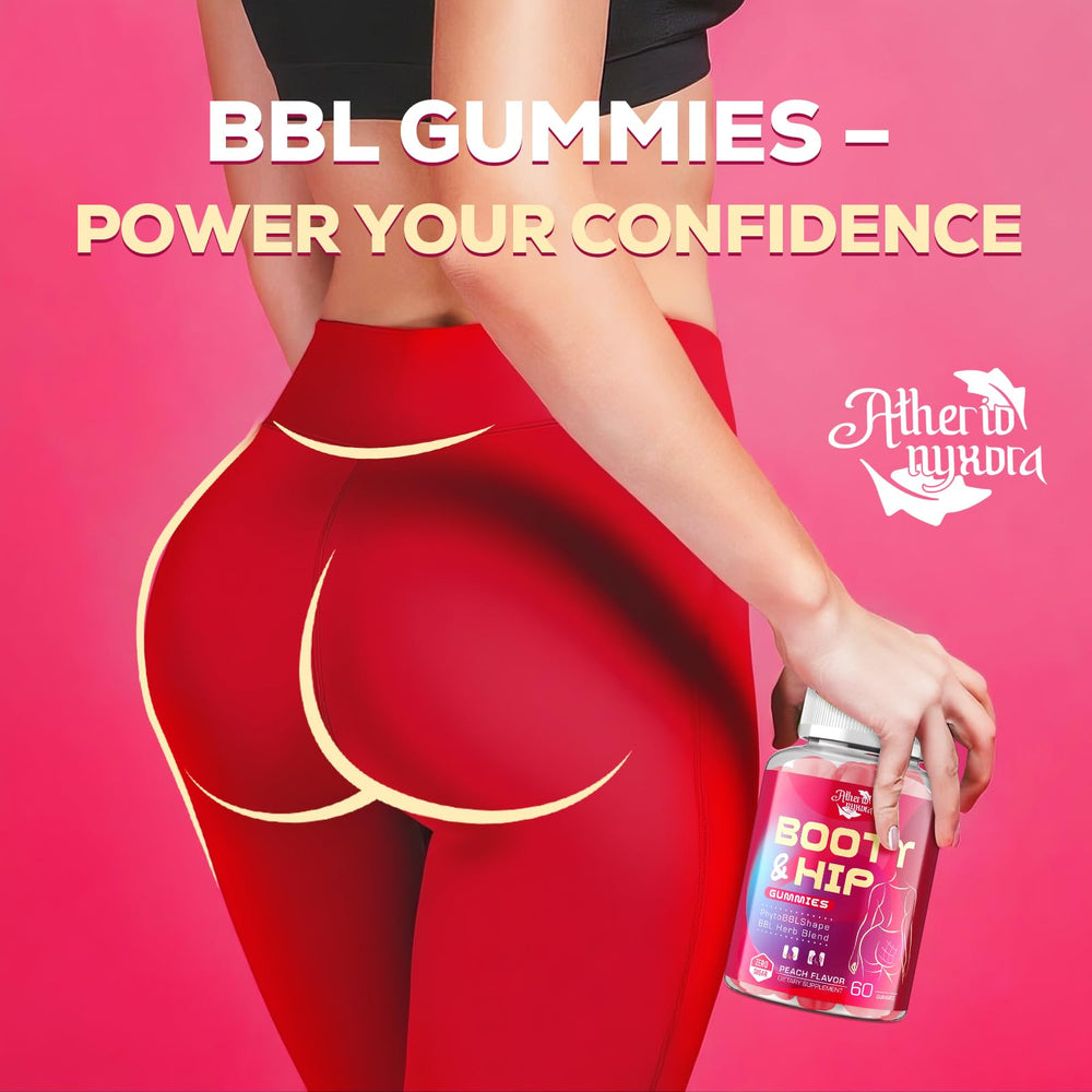Atherionyxora Booty Gummies close-up highlighting zero sugar and peach flavor.
