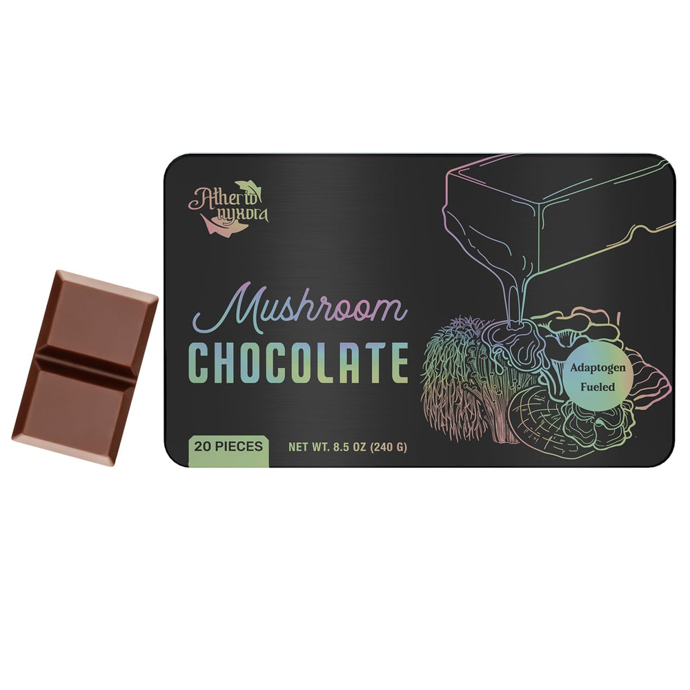 Atherionyxora functional mushroom chocolate bar wrap showing brand packaging for focus