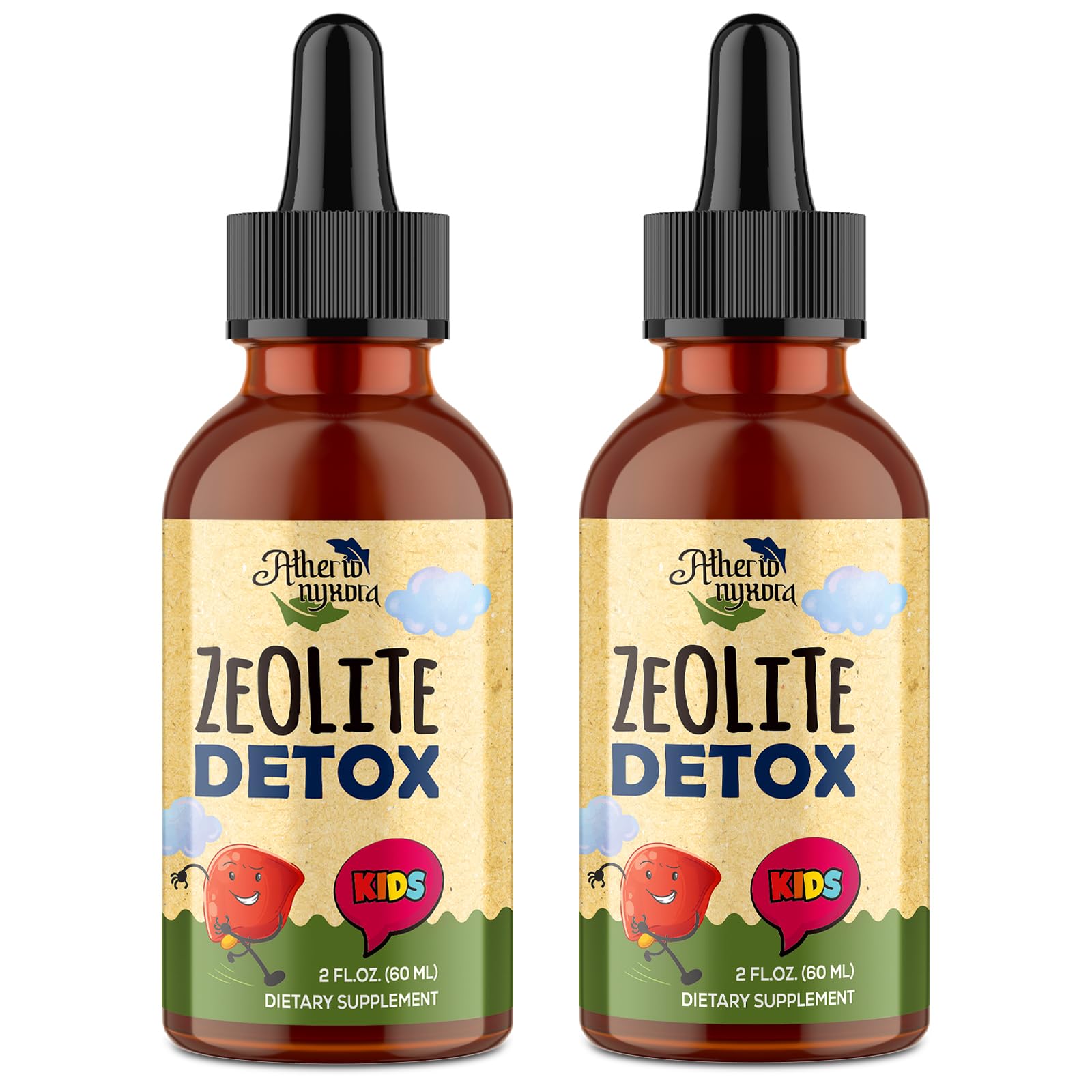 Atherionyxora Zeolite Detox for Kids bottle highlighting a gentle daily drops routine.