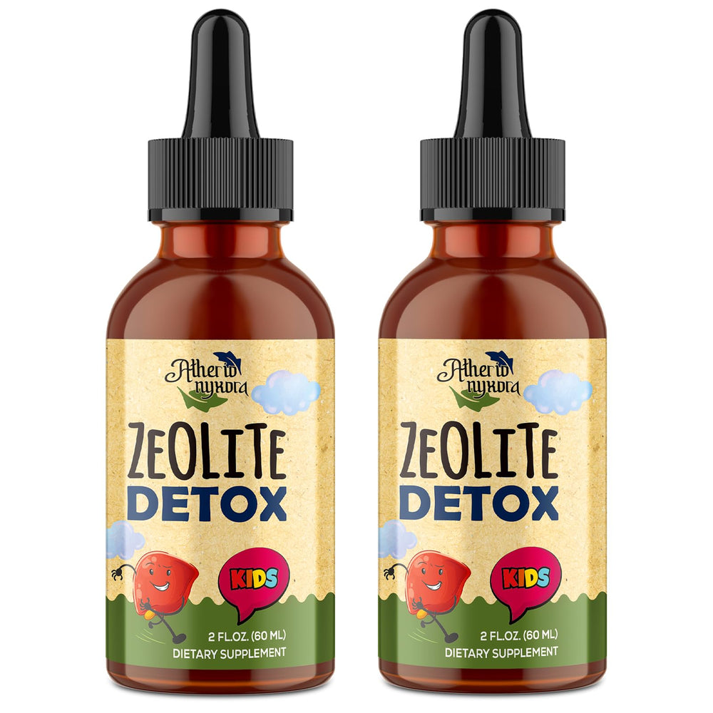 Atherionyxora Zeolite Detox for Kids bottle highlighting a gentle daily drops routine.