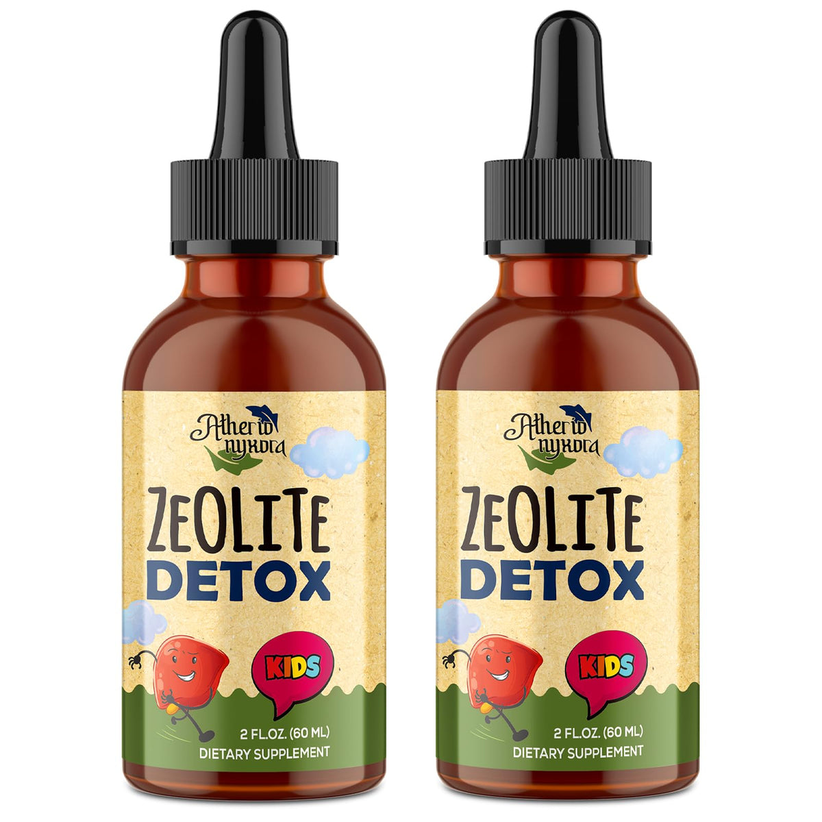 Atherionyxora Zeolite Detox for Kids bottle highlighting a gentle daily drops routine.
