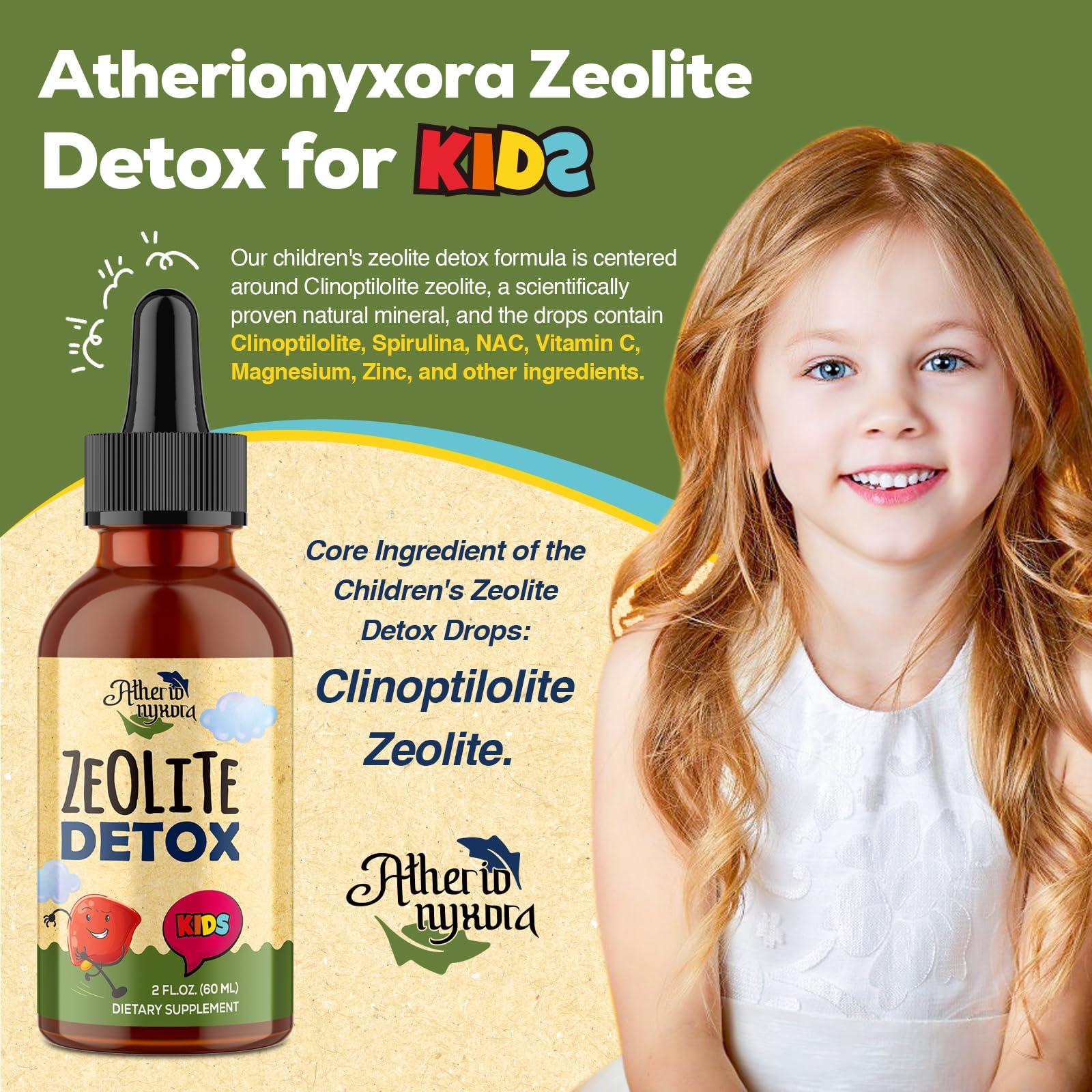 Atherionyxora Zeolite Detox for Kids dropper releasing drops for easy dosing.