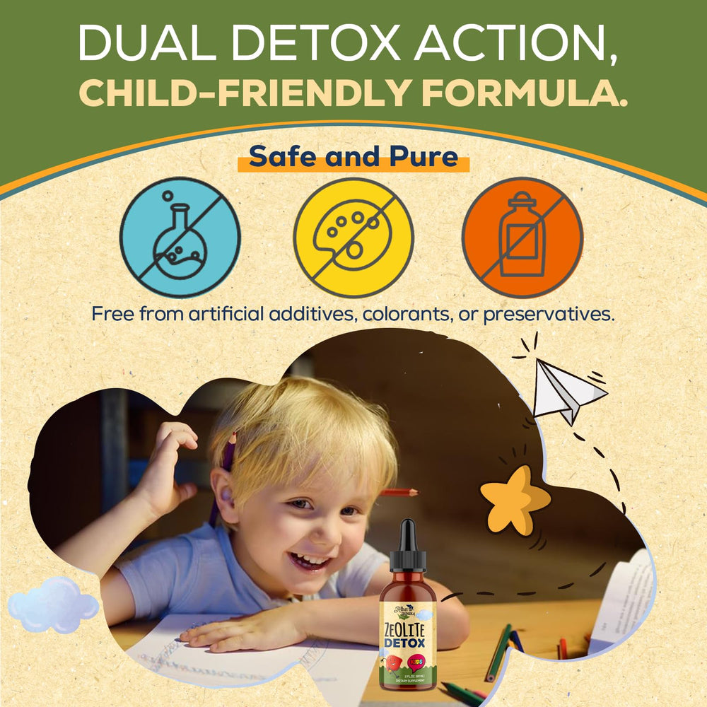 Label highlights Vitamin C, Magnesium, and Zinc in the Atherionyxora Zeolite Detox for Kids formula.