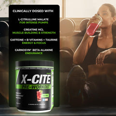 Close-up of X-CITE ingredients highlighting beta-alanine, creatine and caffeine