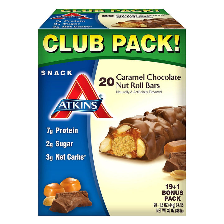 Atkins Caramel Chocolate Nut Roll bar in wrapper, keto-friendly snack option.