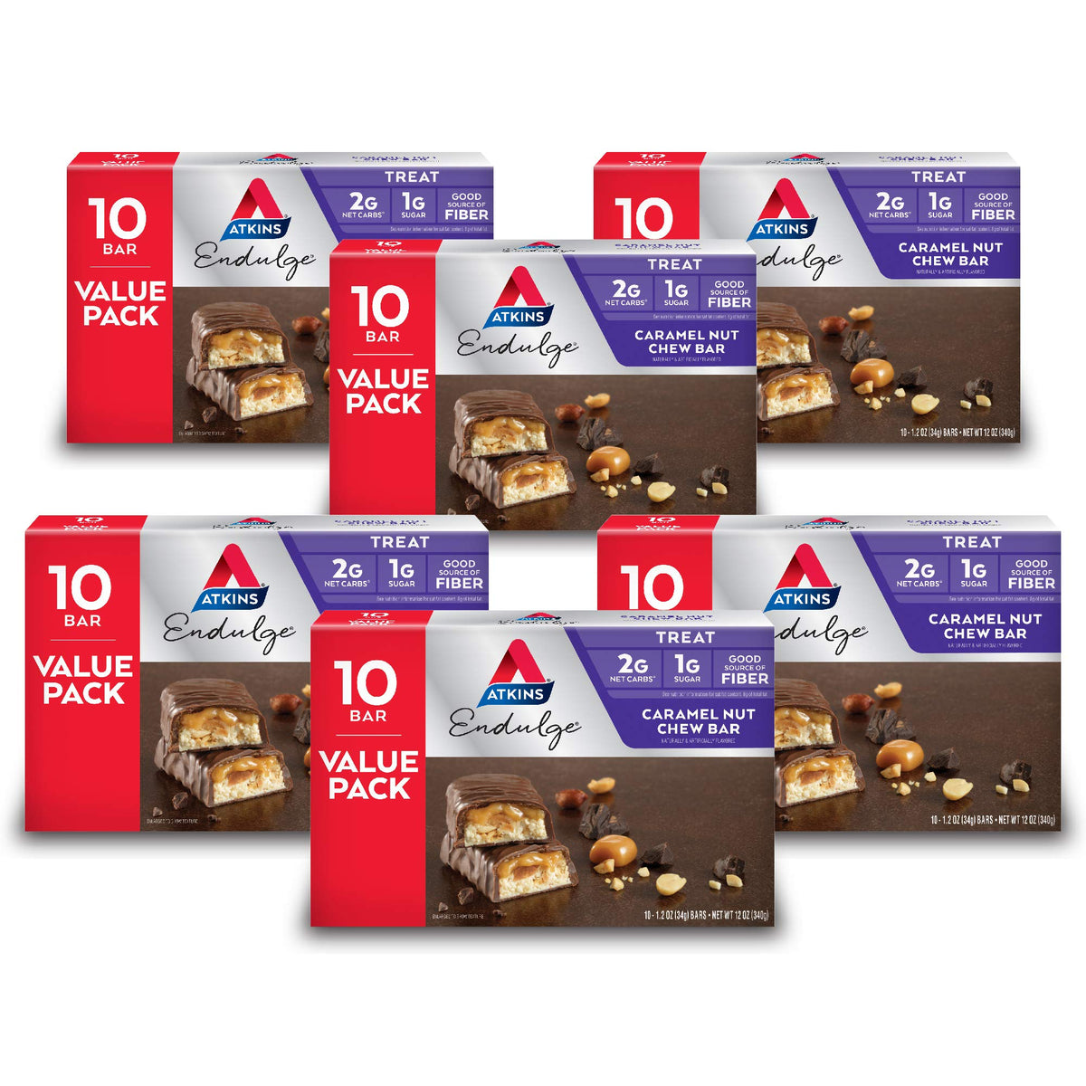 Atkins Endulge Caramel Nut Chew Bar package shows a fiber-rich snack option.
