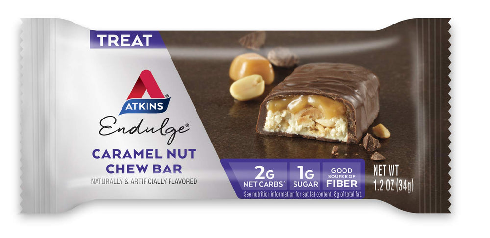 Atkins Endulge bar wrapper highlights caramel layer for a satisfying treat.