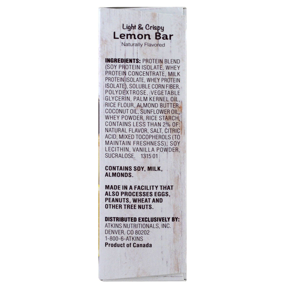 Atkins Snack Light Crispy Lemon Bar closeup—crisp texture and bright lemon flavor for a quick treat