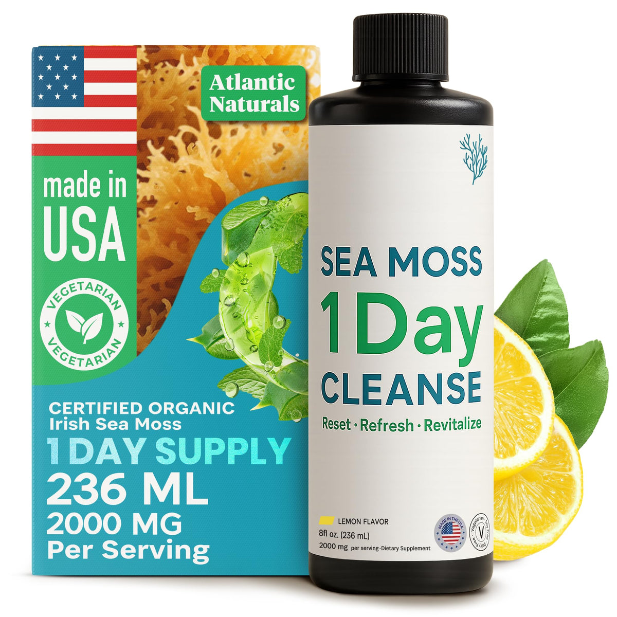 Atlantic Naturals 1 Day Detox bottle pour, refreshing lemon flavor for a cleanse.