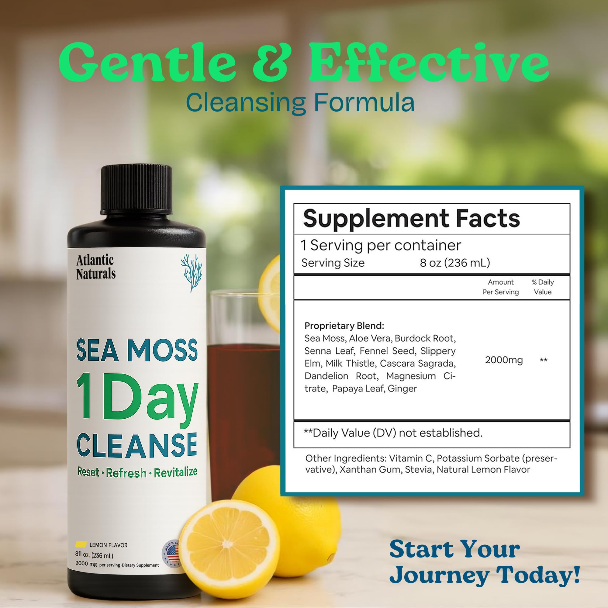 Atlantic Naturals bottle label close-up highlighting lemon flavor and detox concept.