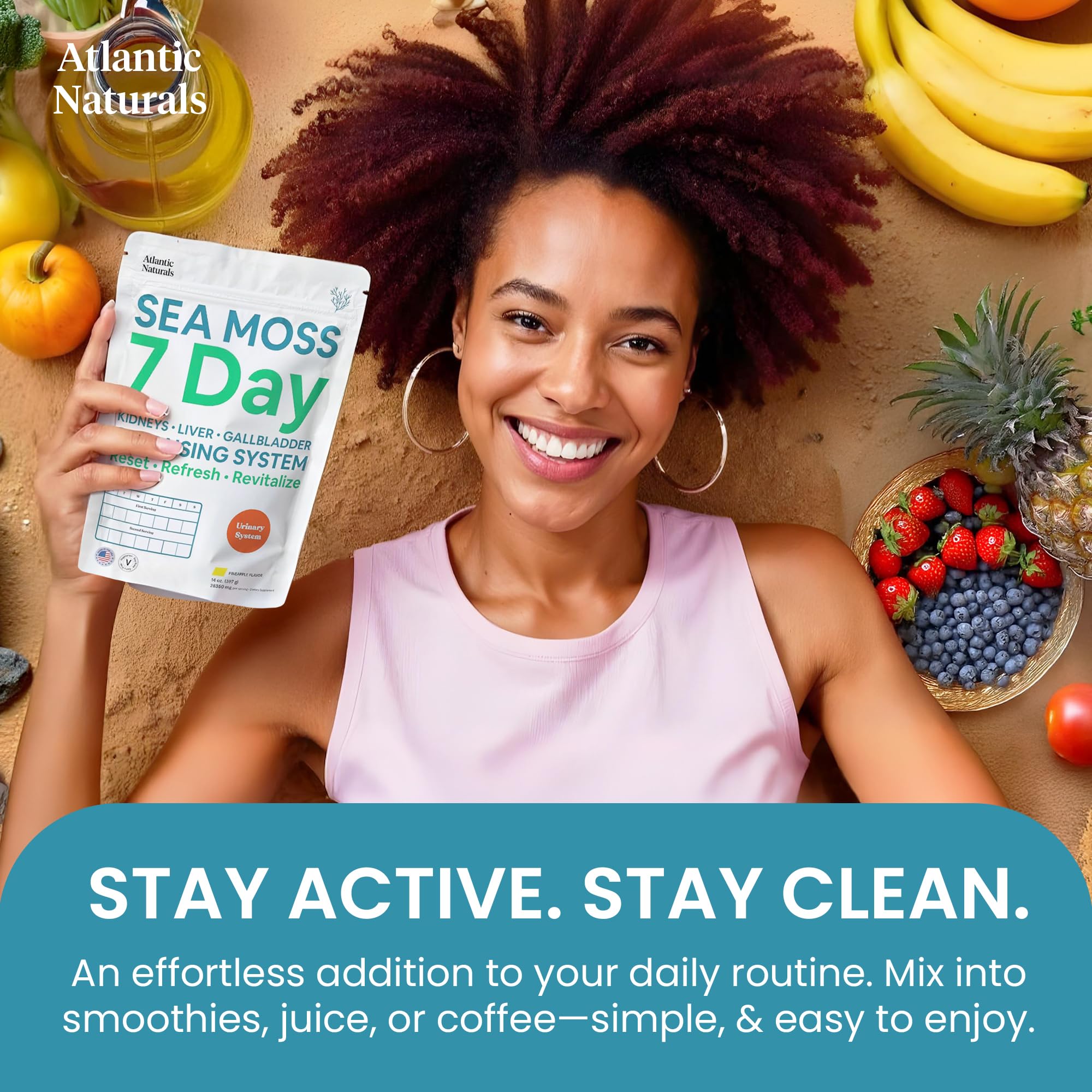 Atlantic Naturals Sea Moss 7 Day Detox packaging box on display