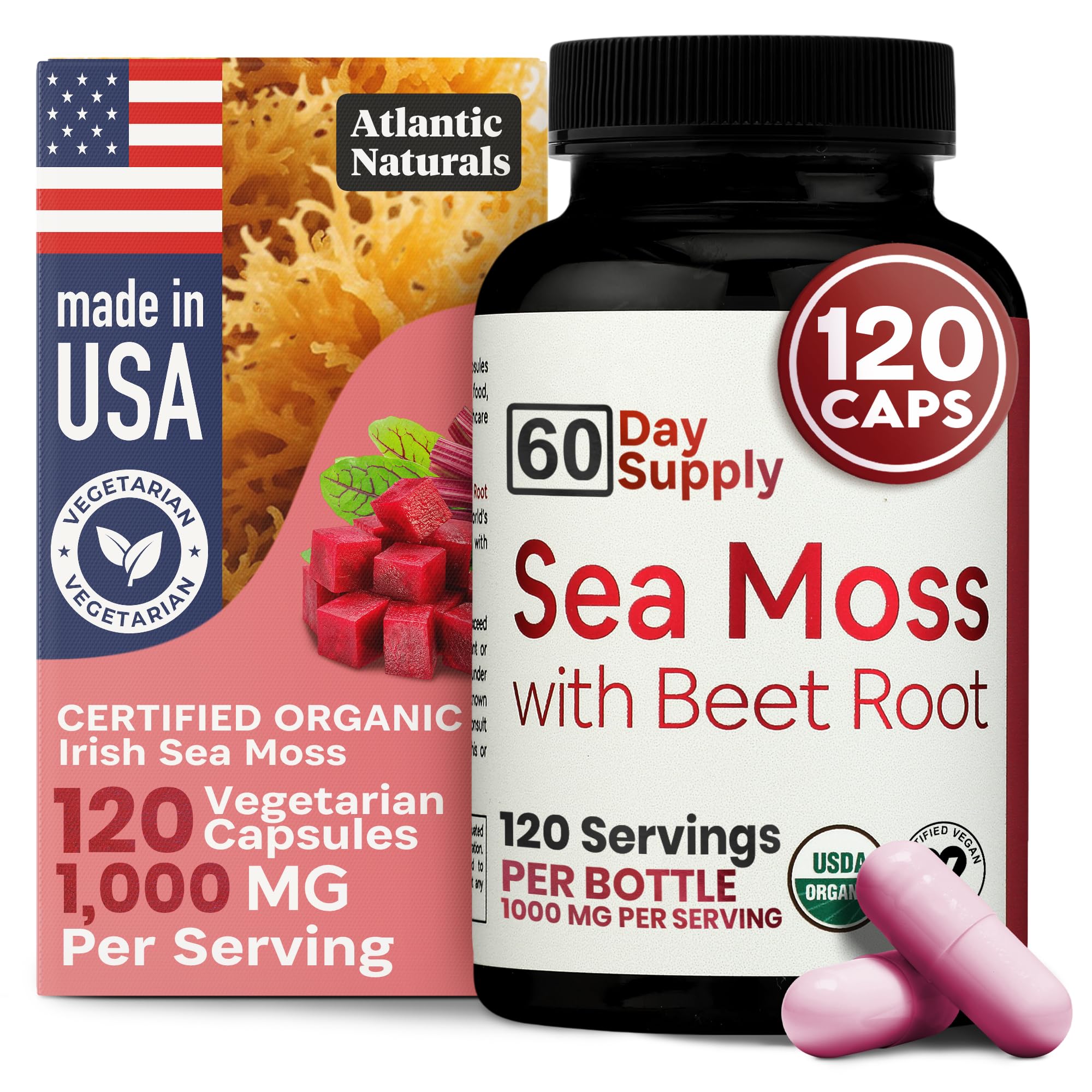 Atlantic Naturals Sea Moss with Beet Root bottle promotes daily wellness and energy support.