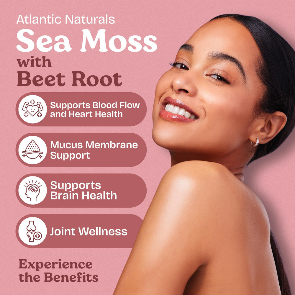 Atlantic Naturals Sea Moss with Beet Root label highlights premium ingredients for balanced nutrition.