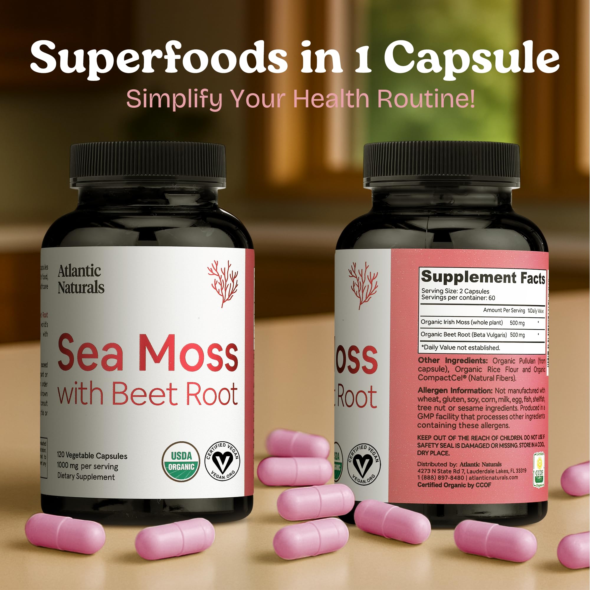 Atlantic Naturals Sea Moss with Beet Root capsules arranged for easy daily intake.