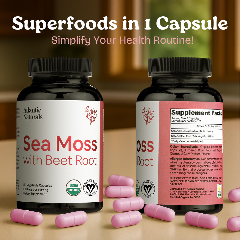 Atlantic Naturals Sea Moss with Beet Root capsules arranged for easy daily intake.