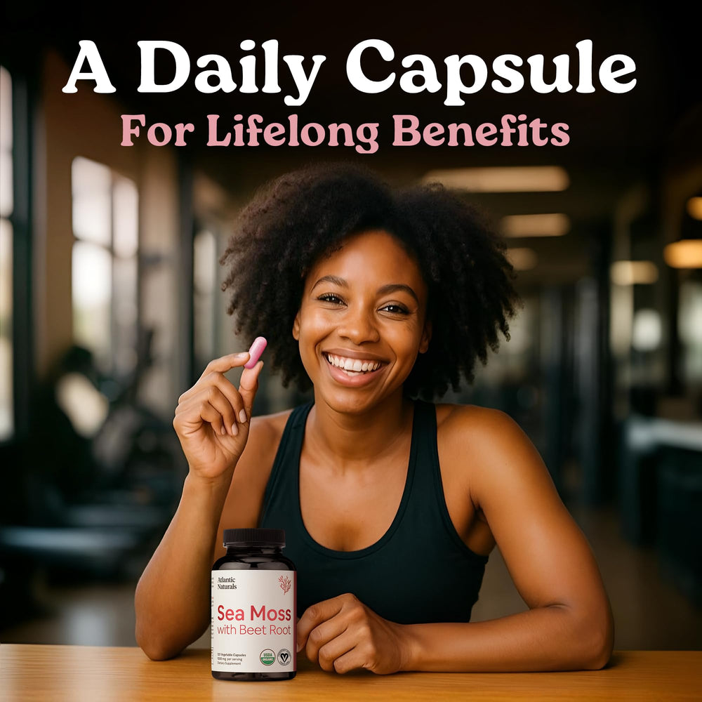 Atlantic Naturals Sea Moss with Beet Root bottle on kitchen counter signals daily use.
