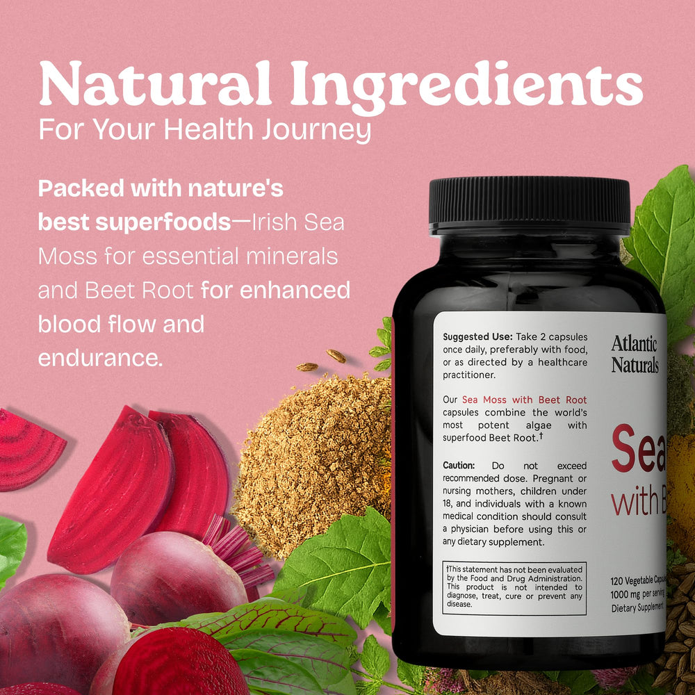 Atlantic Naturals Sea Moss with Beet Root lifestyle shot suggests athletic support during workouts.