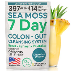 Atlantic Naturals Sea Moss bottle with pineapple drink, convenient daily wellness option.