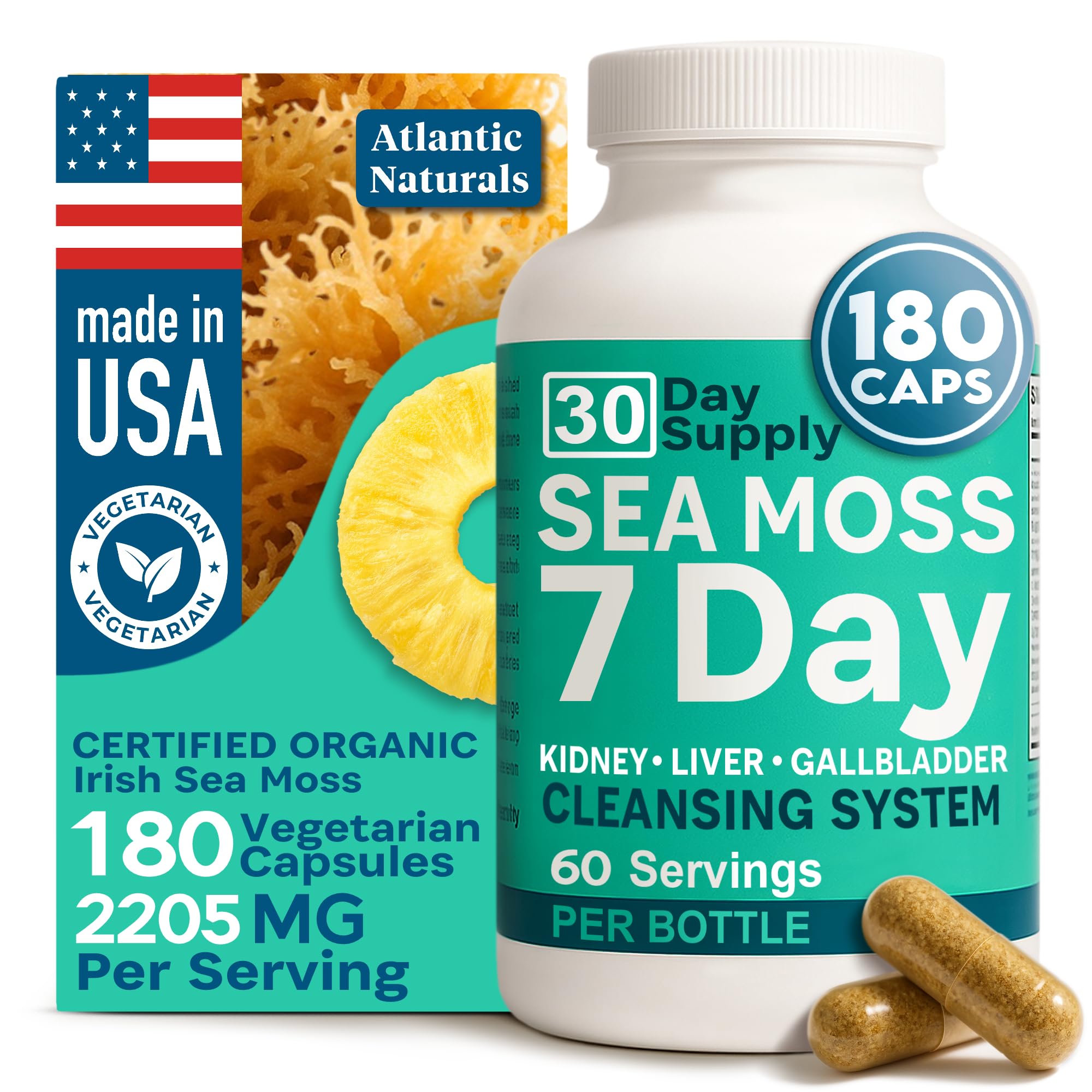 Atlantic Naturals Sea Moss Capsules bottle front promoting daily wellness.