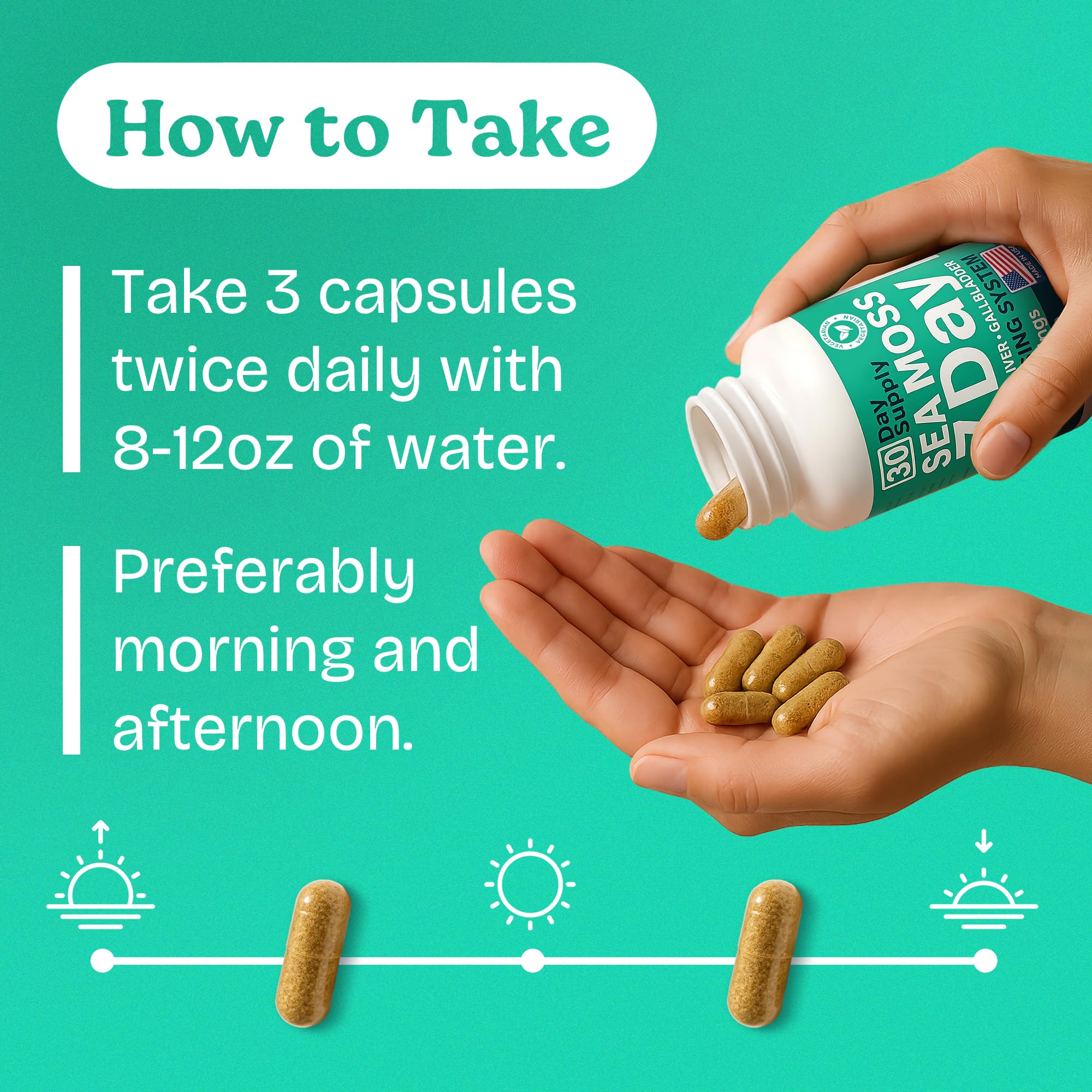 Atlantic Naturals Sea Moss Capsules capsules-pour close-up showing easy-to-swallow daily capsules.