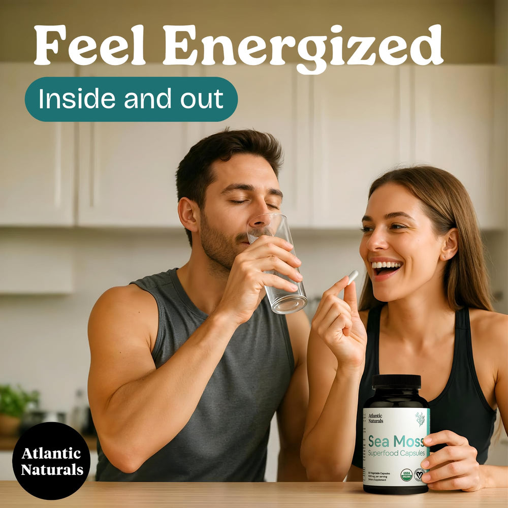 Lifestyle shot of someone taking Atlantic Naturals capsules during morning routine.