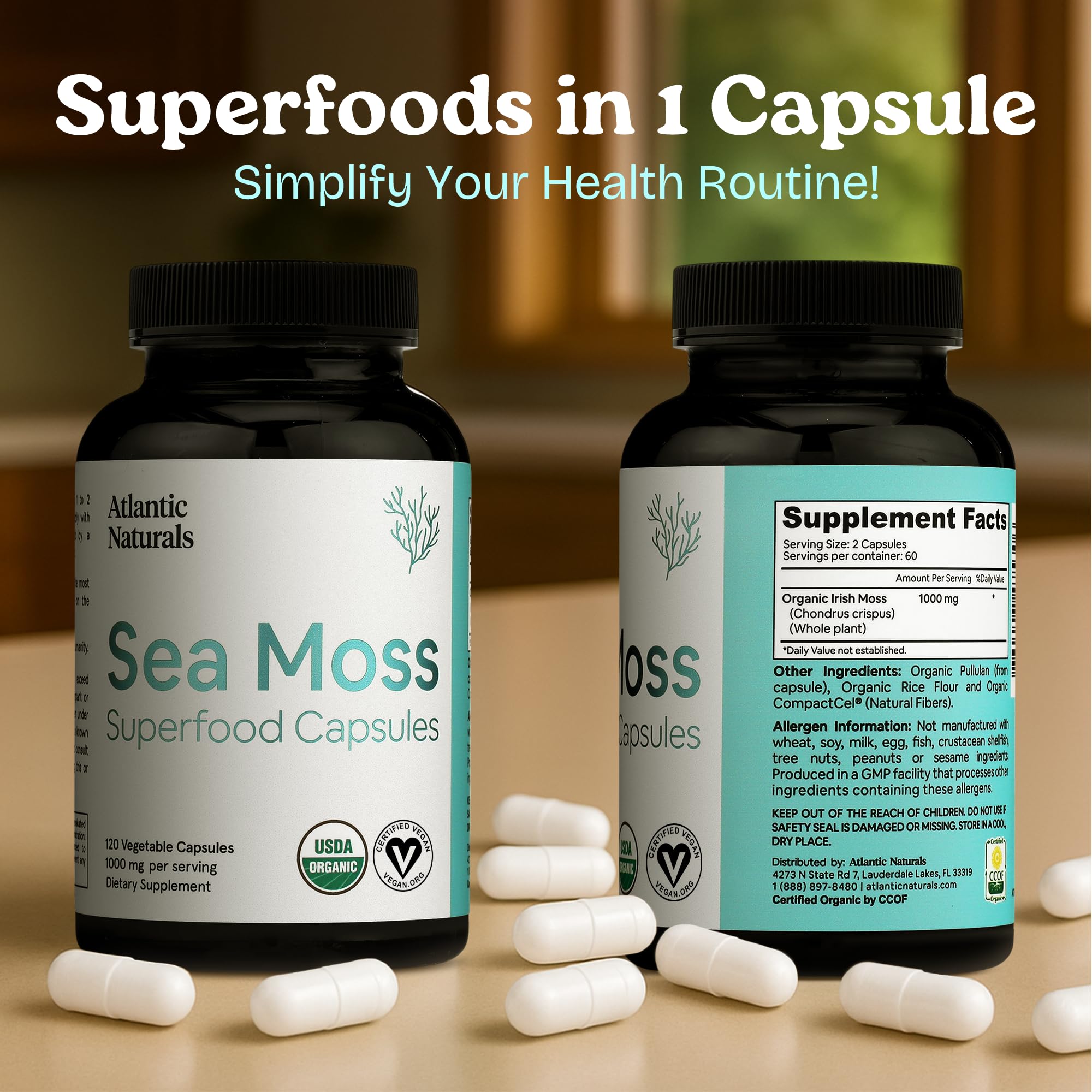 Atlantic Naturals capsules showcase moringa, ashwagandha, and ginger for daily nourishment.