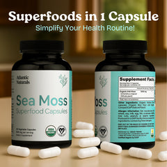 Atlantic Naturals capsules showcase moringa, ashwagandha, and ginger for daily nourishment.