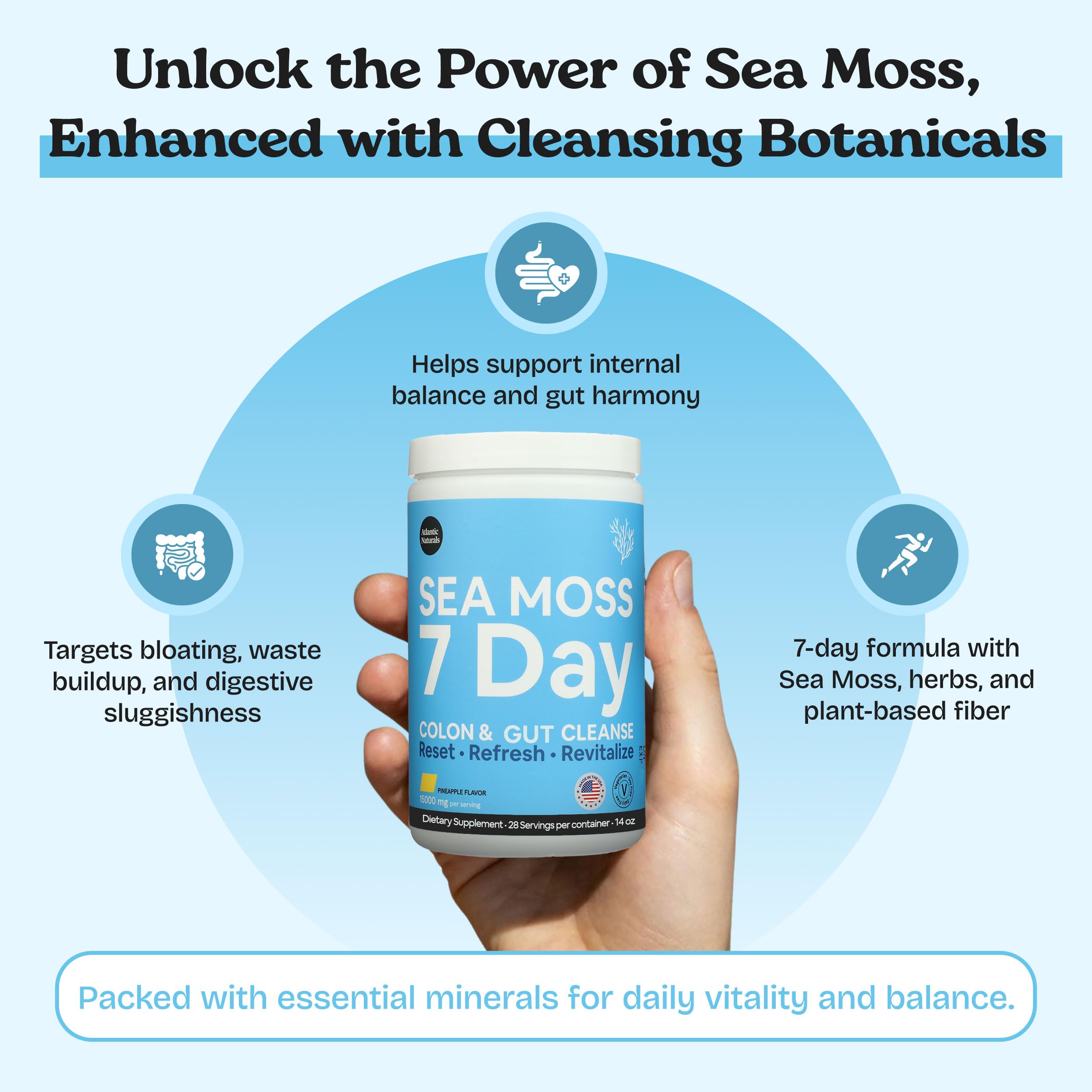 Atlantic Naturals Sea Moss Digestive Drink being poured for easy daily intake and refreshing pineapple taste