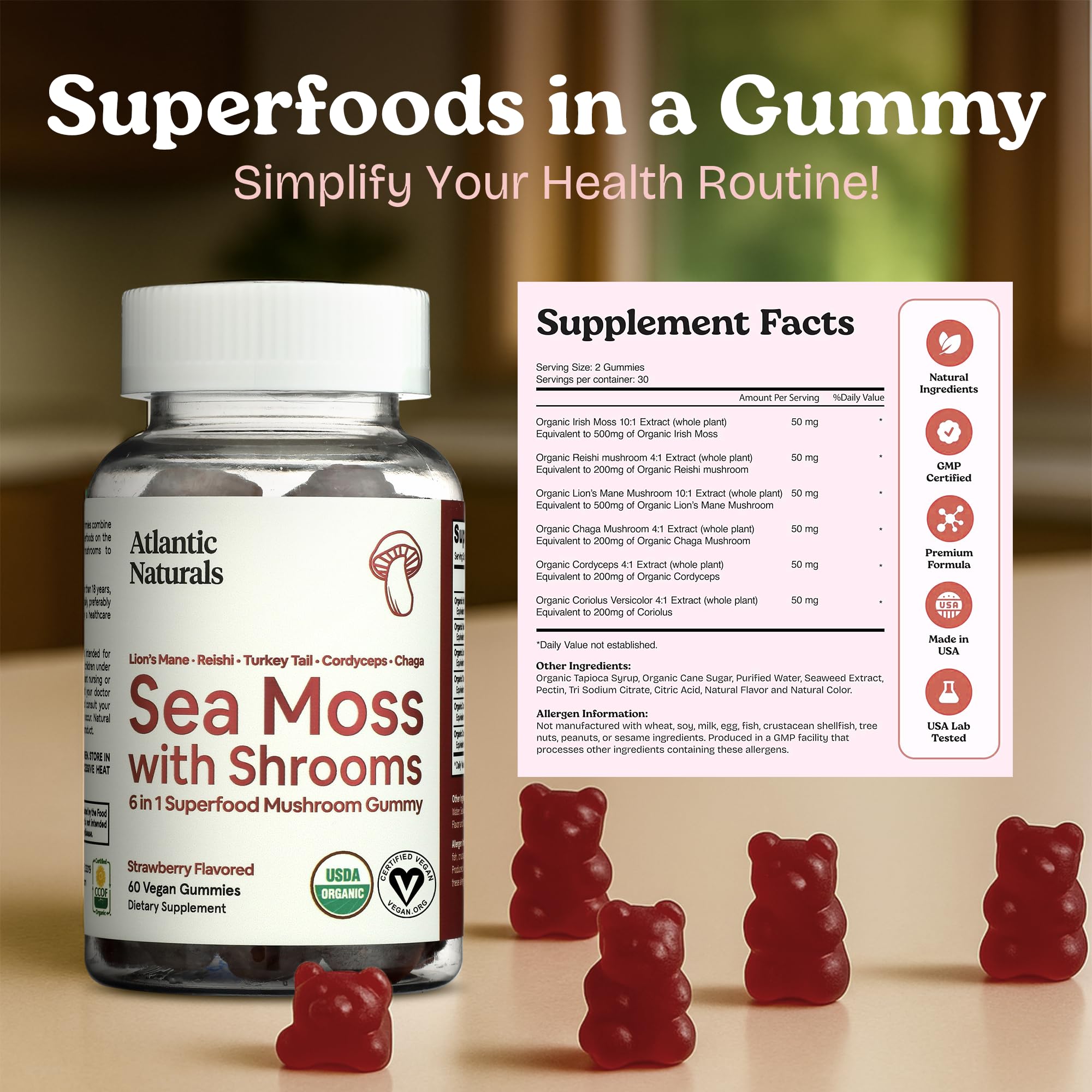 Atlantic Naturals Sea Moss Gummies ingredients panel, highlighting Reishi, Cordyceps, and Lion's Mane.