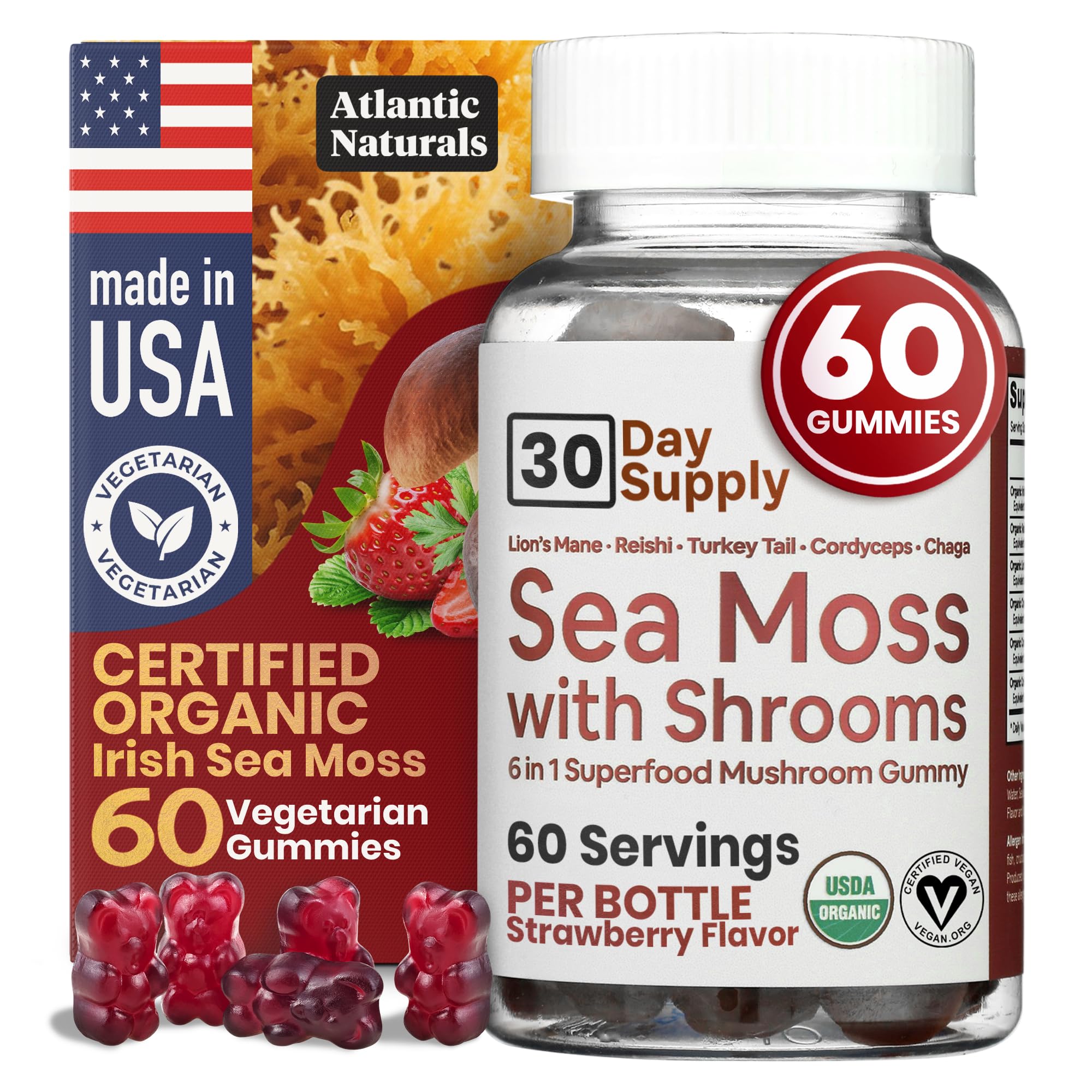 Atlantic Naturals Sea Moss Gummies with Lions Mane bottle, convenient daily supplement for energy and focus.