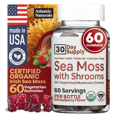 Atlantic Naturals Sea Moss Gummies with Lions Mane bottle, convenient daily supplement for energy and focus.