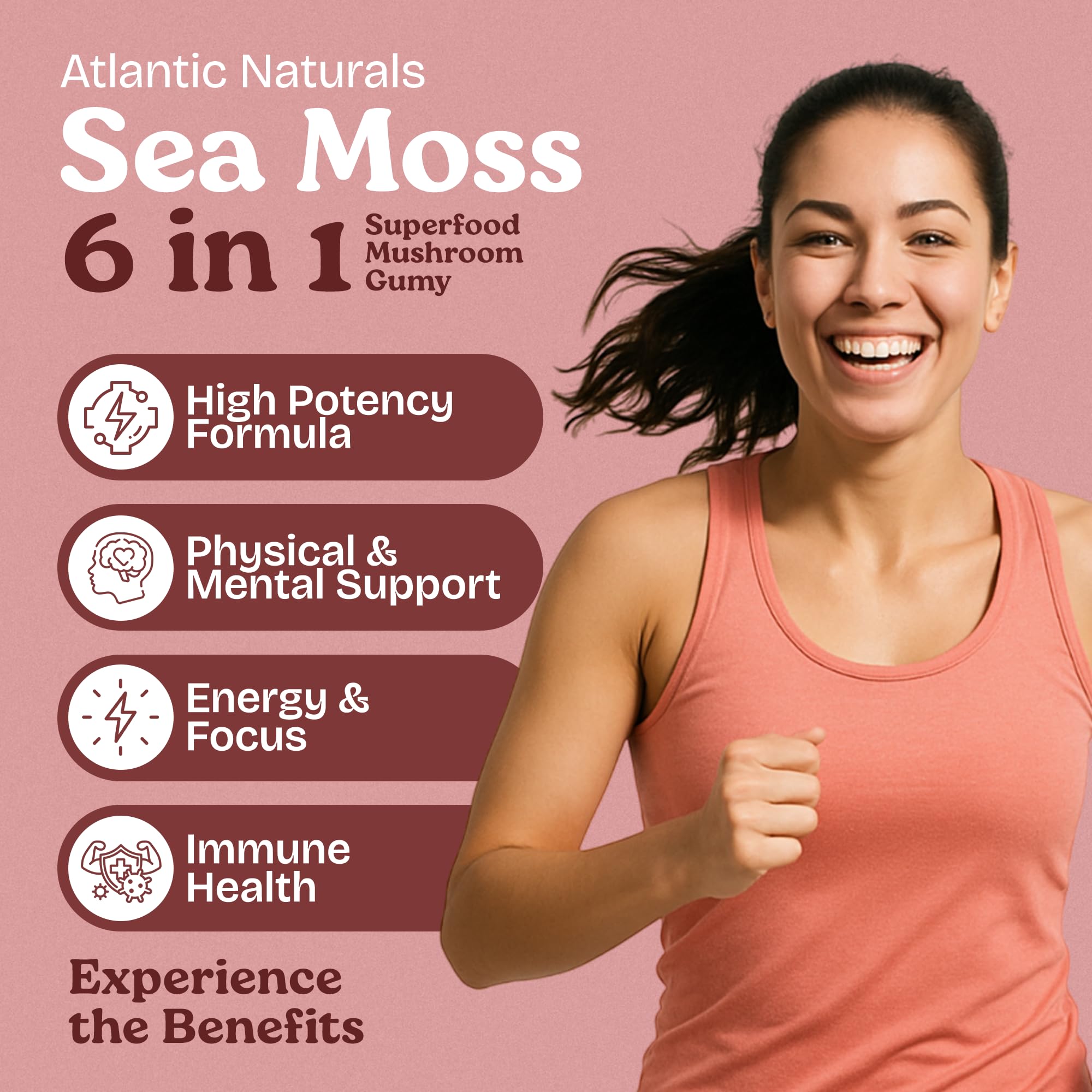 Atlantic Naturals sea moss gummies strawberry flavor on countertop, tasty immune support and mental clarity.