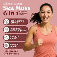 Atlantic Naturals sea moss gummies strawberry flavor on countertop, tasty immune support and mental clarity.