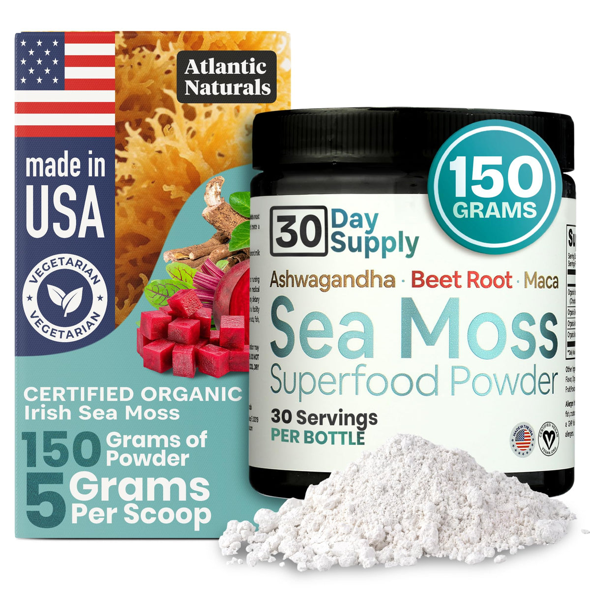 Atlantic Naturals sea moss powder vanilla bottle for daily hydration and energy