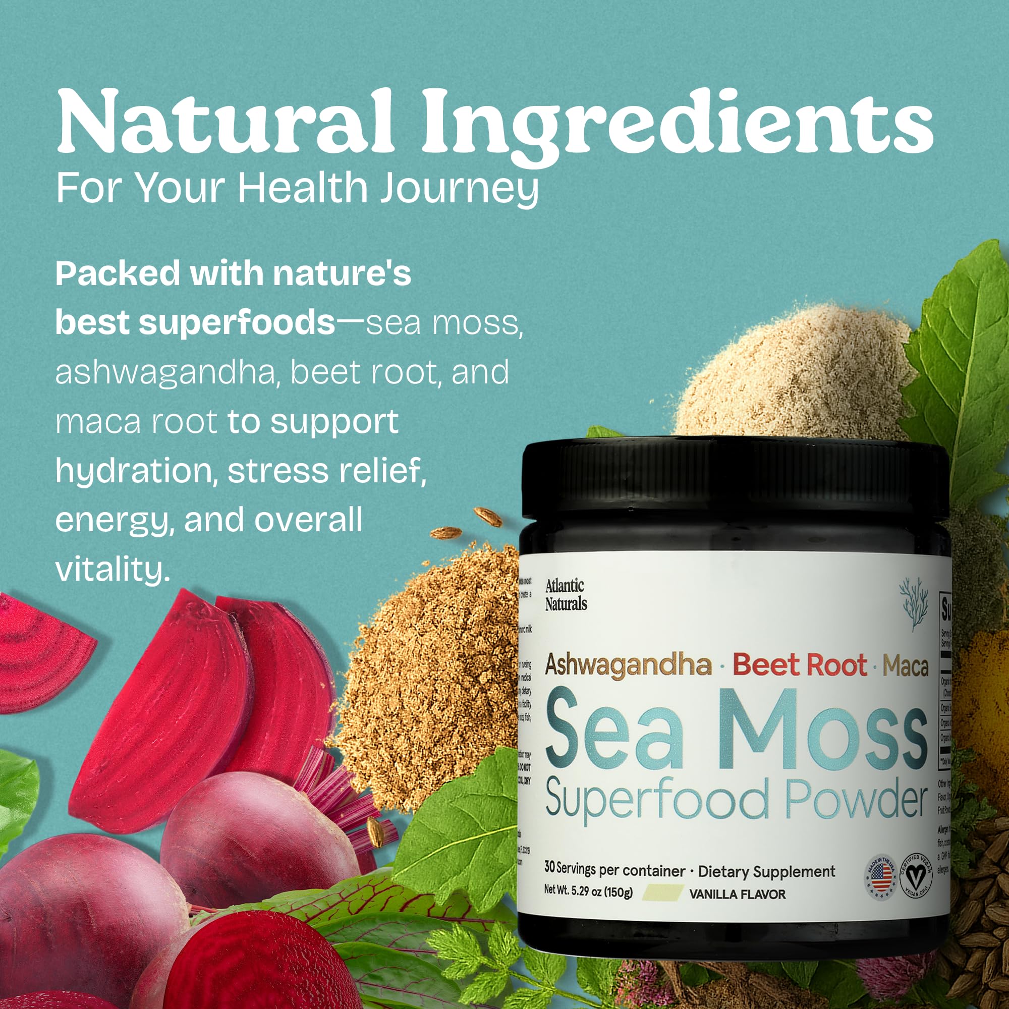 Atlantic Naturals sea moss powder vanilla smoothie supports steady energy
