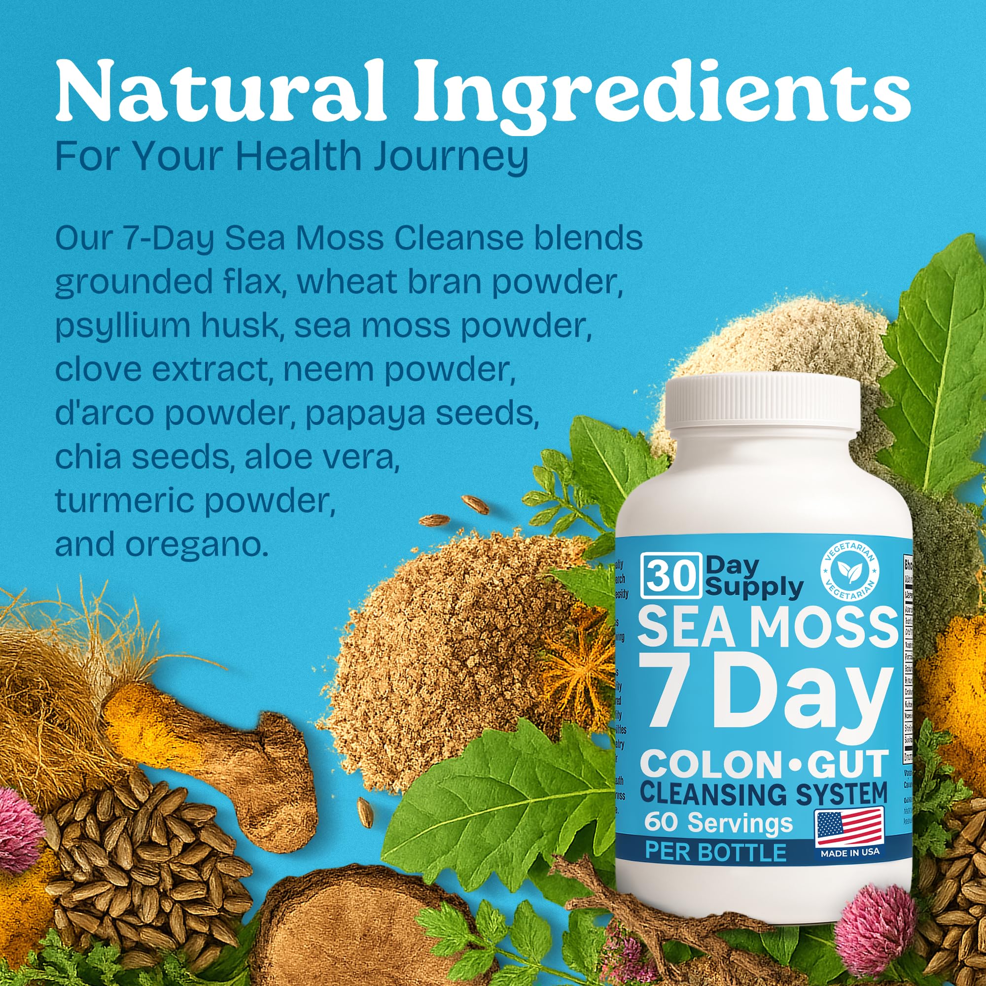 Atlantic Naturals Sea Moss seeds and herbs collection suggesting natural detox blend.