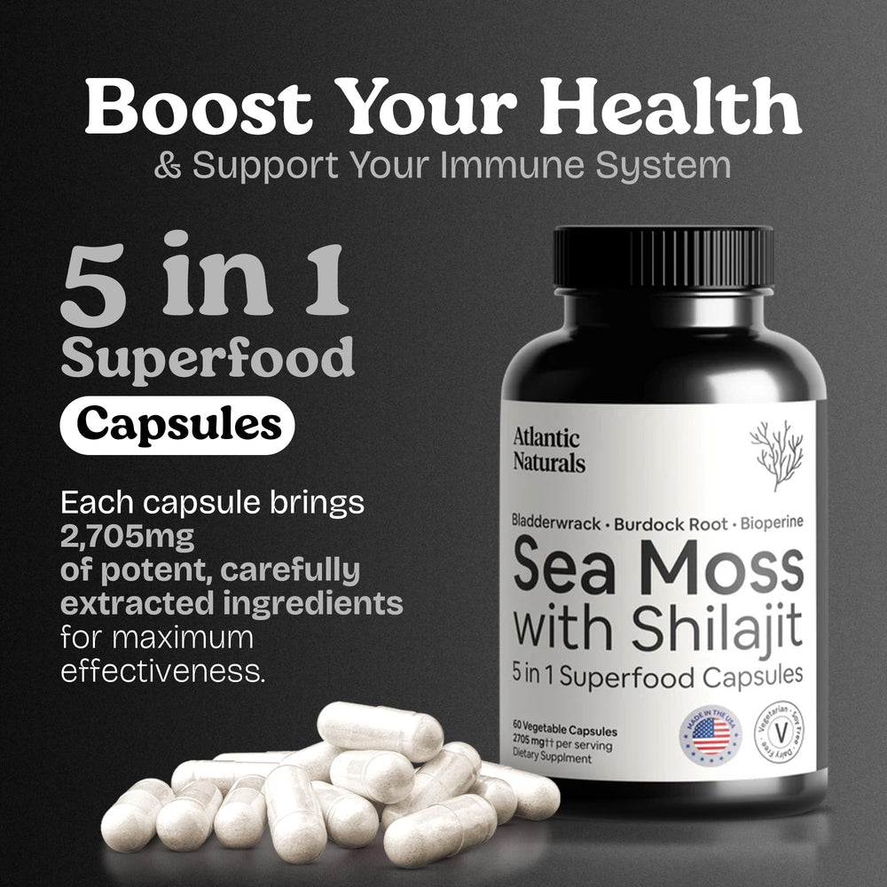 Atlantic Naturals Sea Moss Shilajit capsules blister pack for on-the-go vitality and consistency.