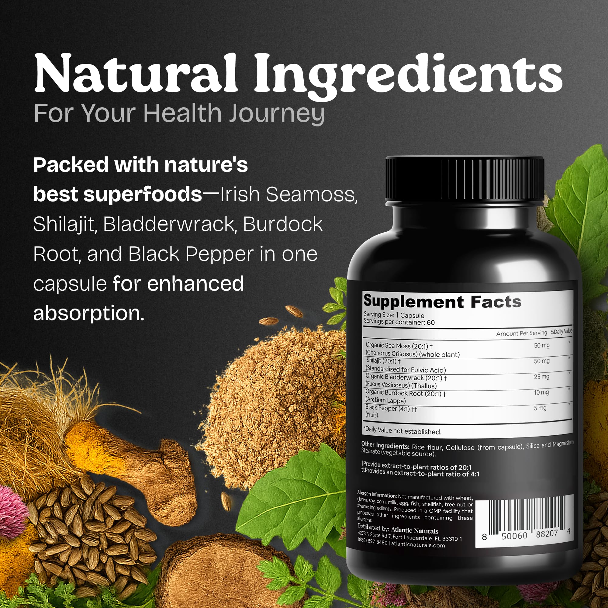 Atlantic Naturals Sea Moss Shilajit capsules dosing panel example for clear intake guidance.