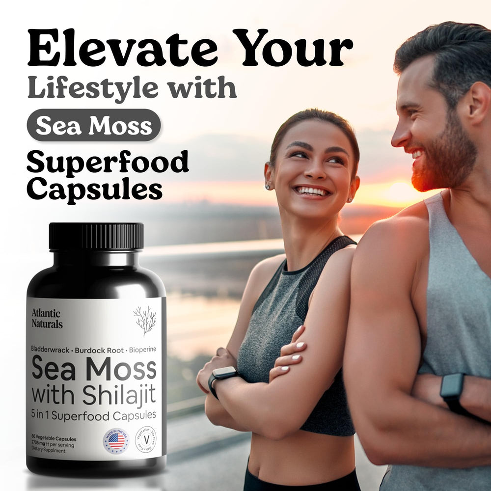 Atlantic Naturals Sea Moss Shilajit capsules ingredient panel communicates trusted blend for vitality support.