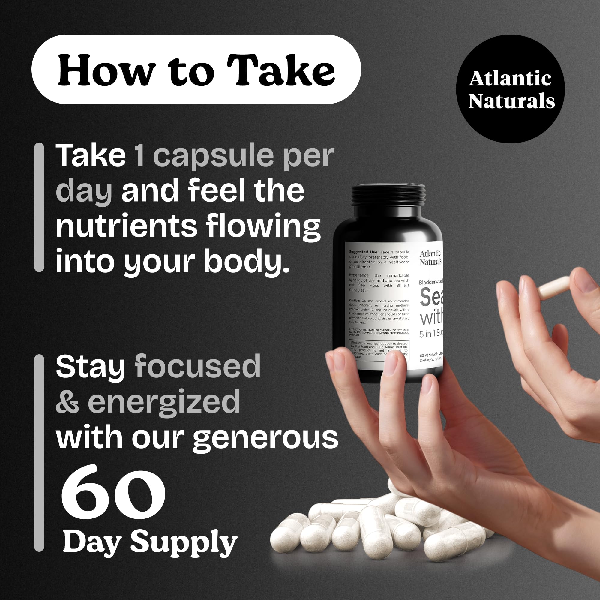 Atlantic Naturals Sea Moss Shilajit capsules with herbs underscore natural nourishment for daily energy.