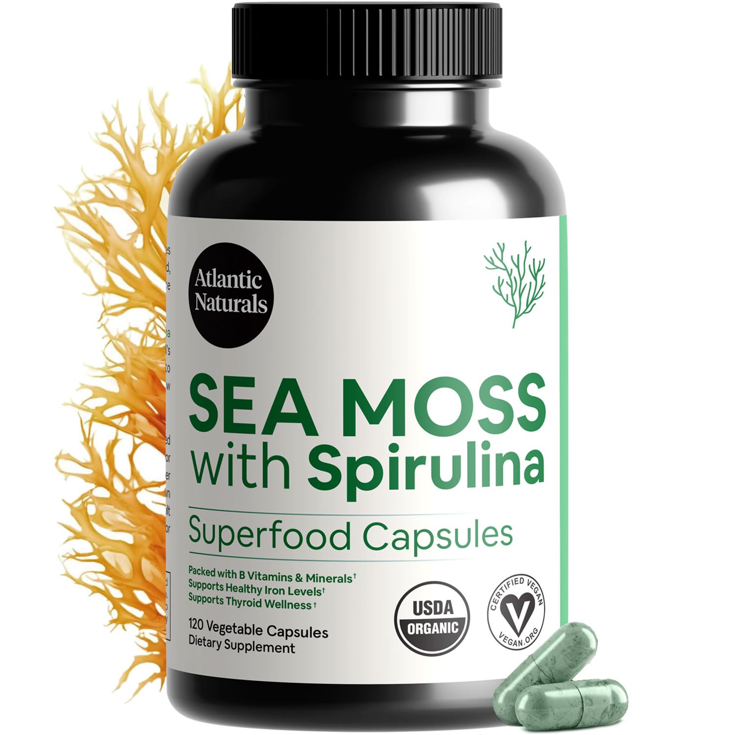 Atlantic Naturals Sea Moss Spirulina capsules bottle for daily nutrient support