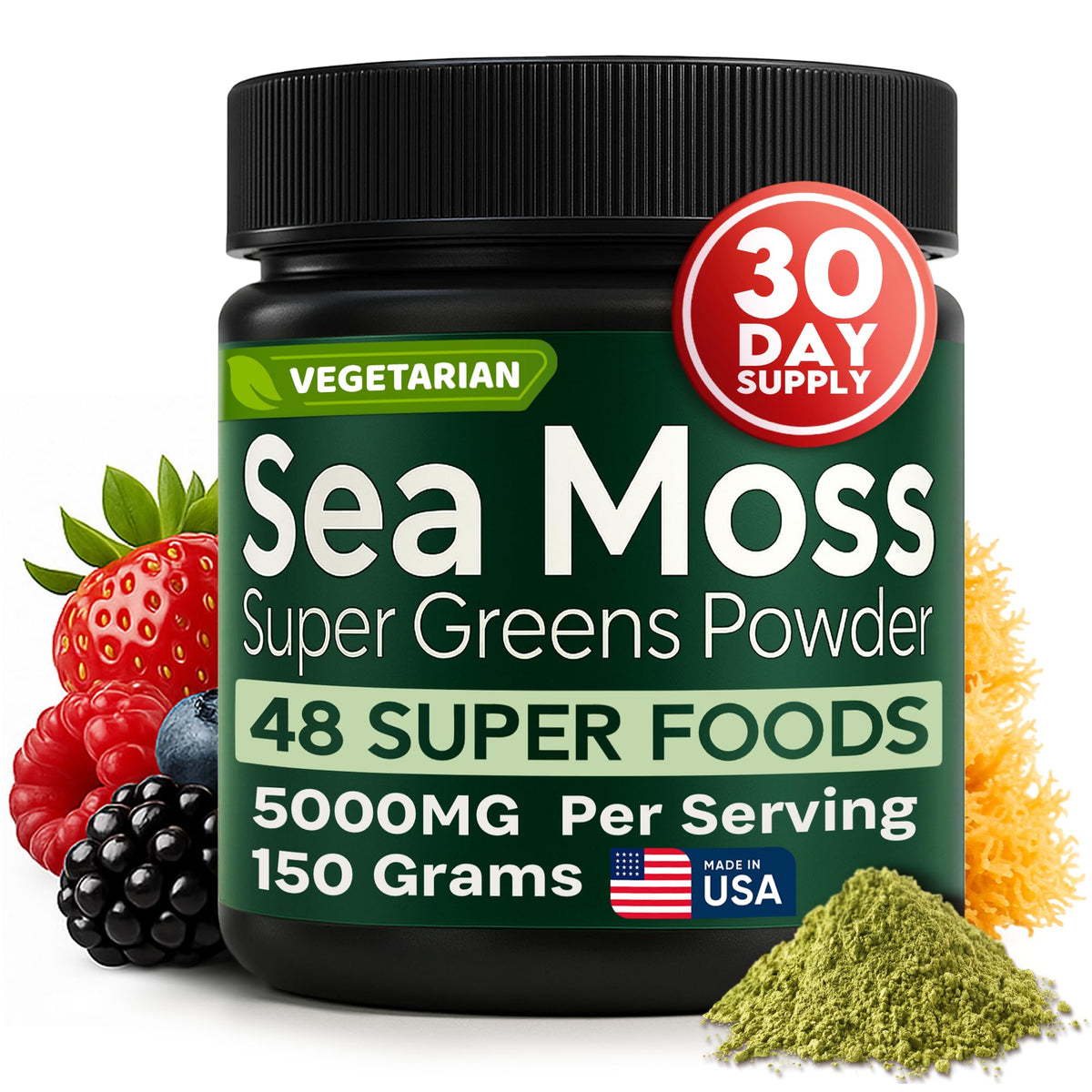Atlantic Naturals Sea Moss Super Greens bottle with mixed berry formula for daily nourishment.