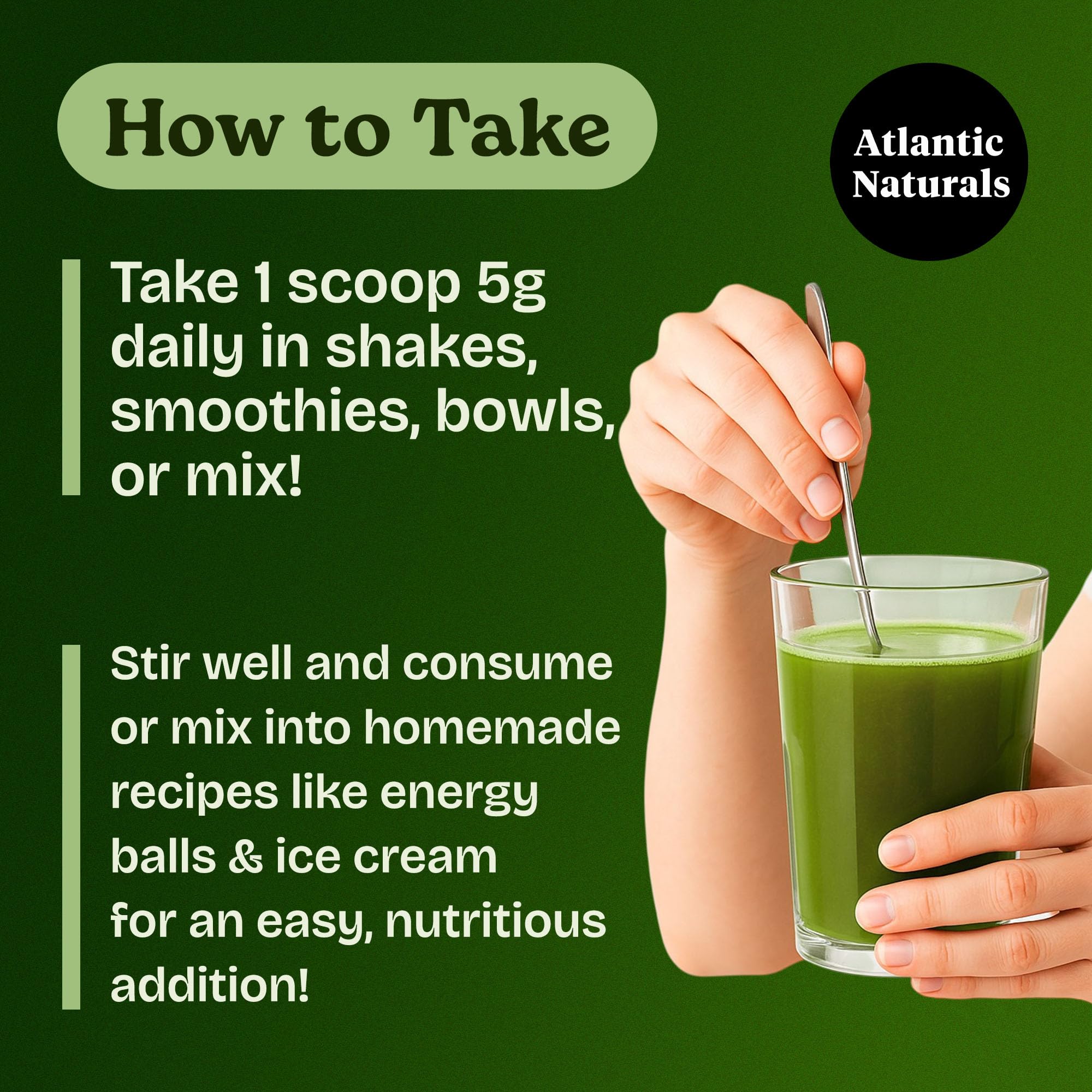 Diverse vegetables, fruits, and herbs shown as ingredients in Atlantic Naturals greens powder.