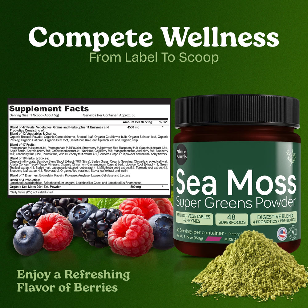 Close-up of the Atlantic Naturals Sea Moss Super Greens label highlighting the organic blend.