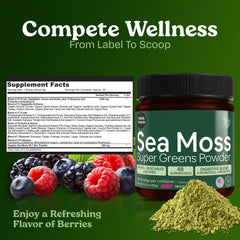 Close-up of the Atlantic Naturals Sea Moss Super Greens label highlighting the organic blend.