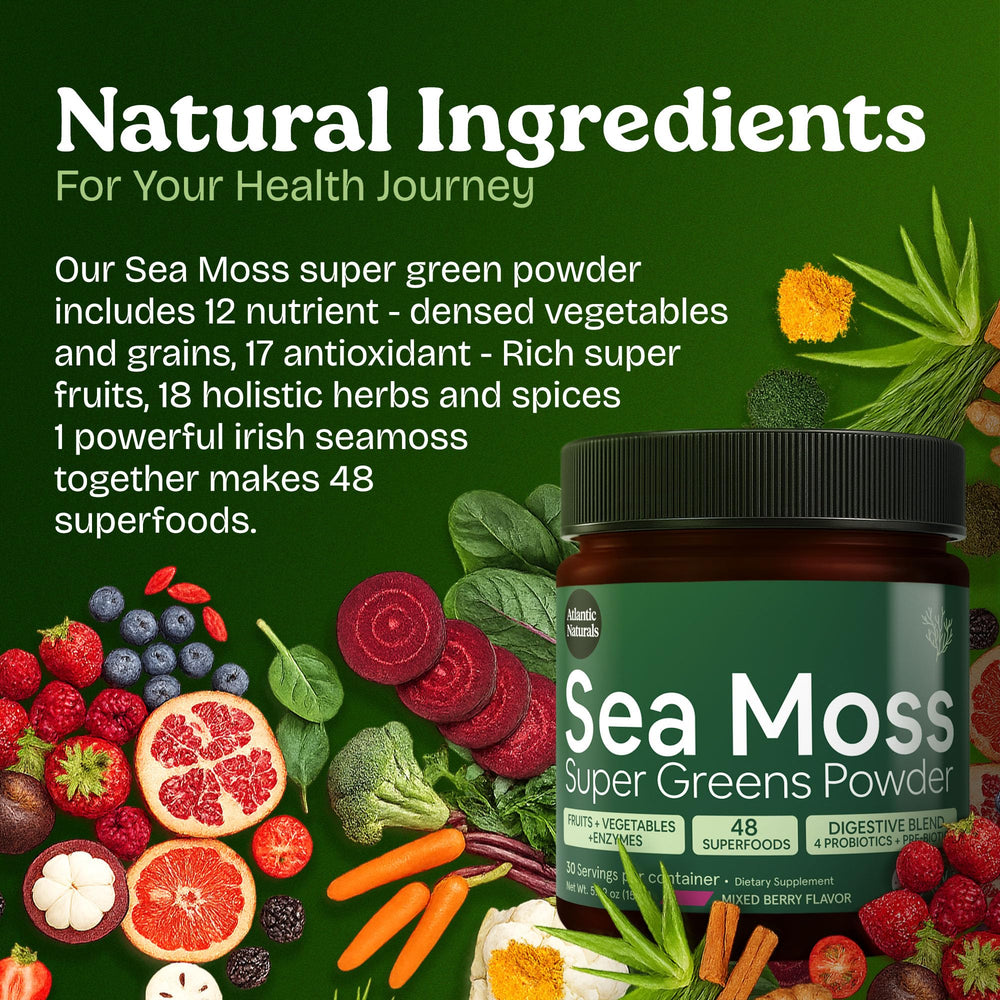 Eco-conscious packaging for Atlantic Naturals Sea Moss Super Greens emphasizing freshness.