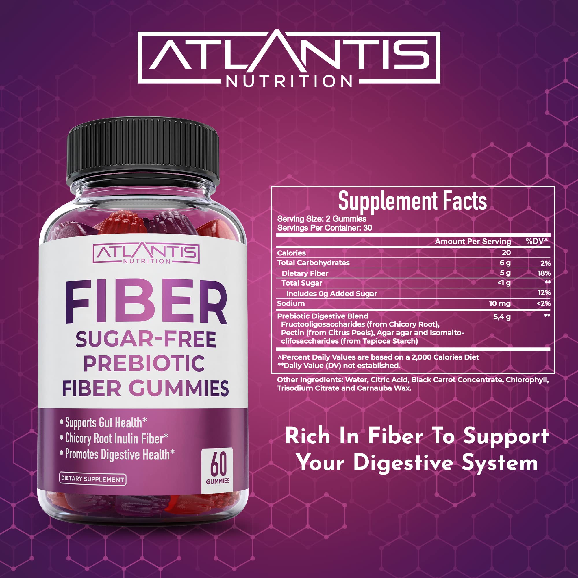 Atlantis Nutrition 5g fiber per serving icon signals fiber-rich support