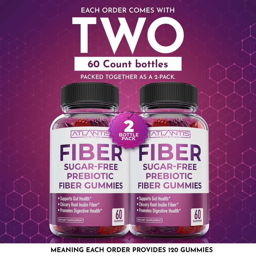 Atlantis Nutrition Fiber Gummies ingredients panel shows vegan, sugar-free formula for dietary needs