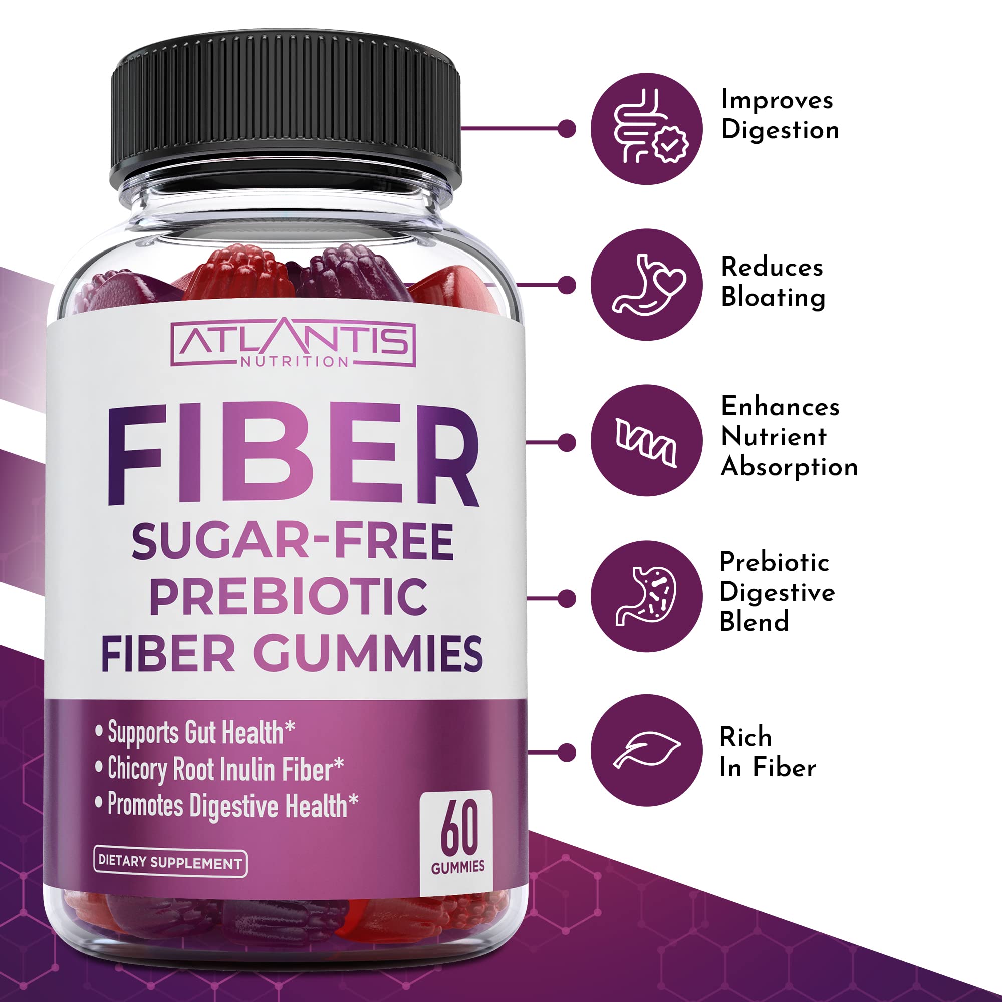 Atlantis Nutrition Sugar Free Gummies plate view highlights smooth chew for everyday use